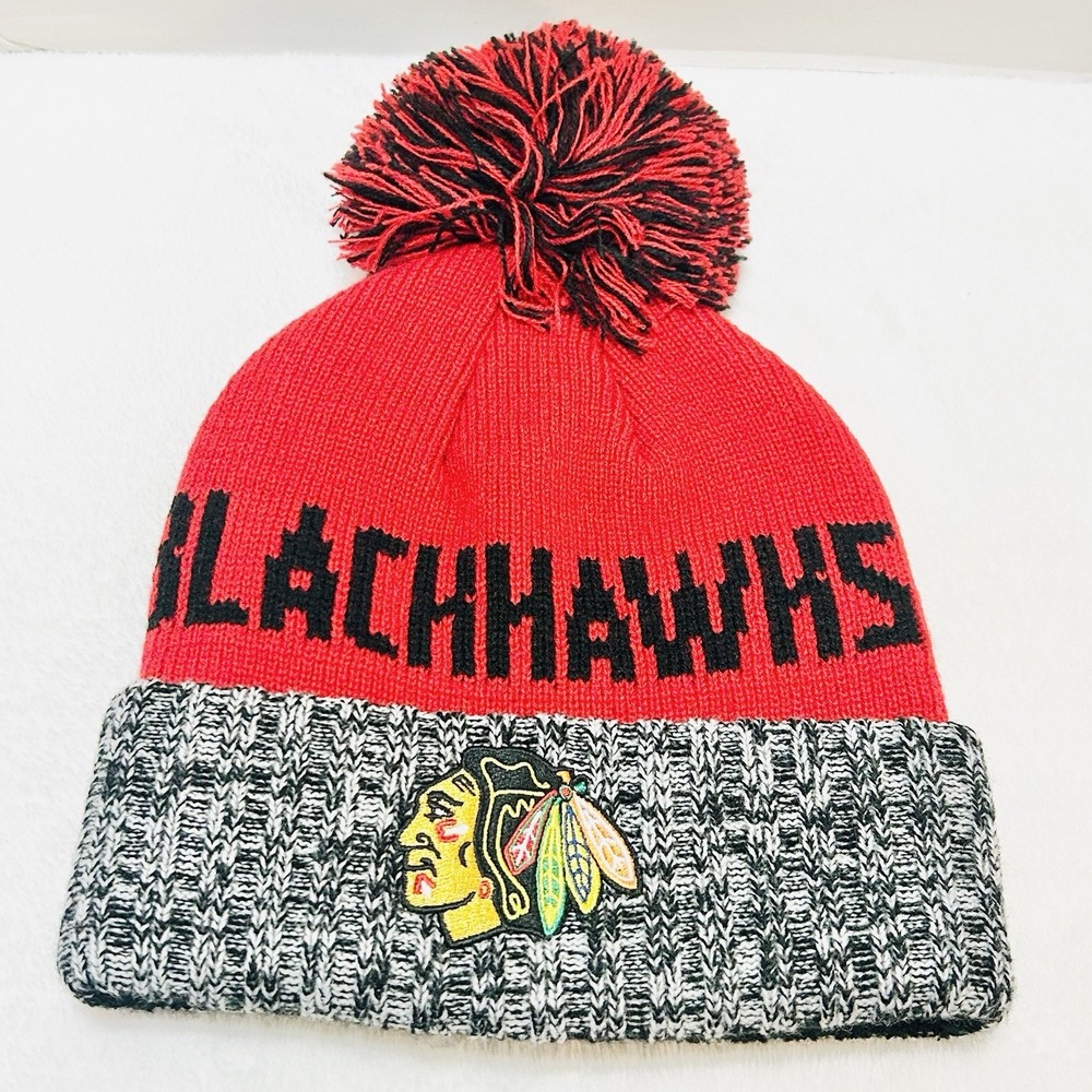 Fanatics Chicago Blackhawks Beanie Hat Cap Knit Cuffed Pom Pom Red NHL Hockey